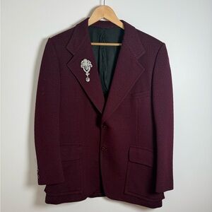 Vintage 1970s Burgundy Men's Blazer with Jeweled Broach